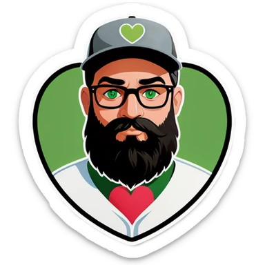A bold man with a grey baseball cap, green eyes, big beard and glasses holding heart sticker
