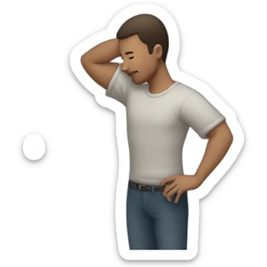 A man extending one arm straight out to the right while bowing their head into the opposite arm, with the other arm bent at the elbow sticker