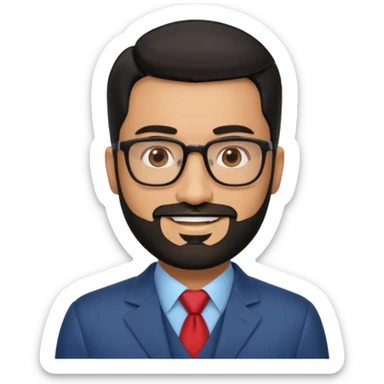 Attractive Hispanic TV host in his mid to late 40s with light brown skin, short straight black hair slicked back with fade on sides, heart handsome face with strong jawline, friendly approachable expression, black beard, wearing glasses sticker