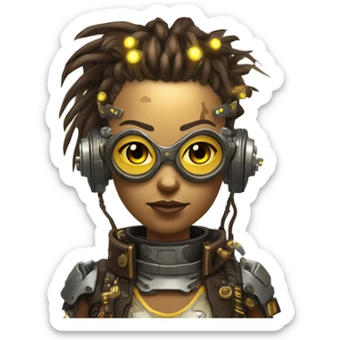 Brown with yellow streaks Mohawk hair female cyborg head, tan skin, steampunk goggles and circuits sticker