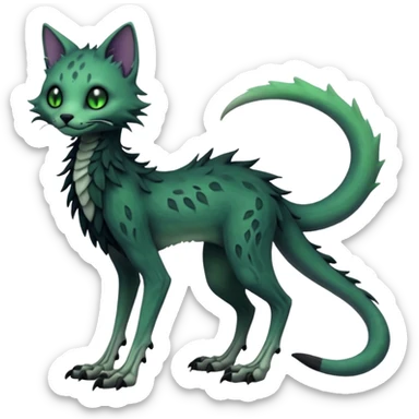 Scaley Kawaii spectral spooky dark bleak blackish swampy white-skeletal gloomy ghostly dark greyish dark-deep-greenish foggy eldritch beautiful realistic edgy fantasy ghoul-like stitched feline-vernid-sergal-fursona animal creature with a tufted tail full body with intricate markings  sticker
