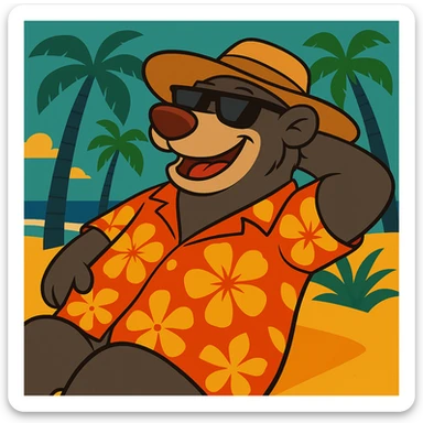 Add a wide-brimmed sunhat to Baloo the bear as he relaxes on the tropical beach, maintaining the vibrant and cheerful flat toon cartoon style with warm colors and playful details. sticker