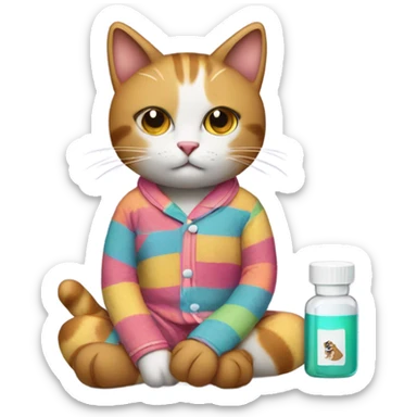 cat in pajamas taking prescription pills sticker