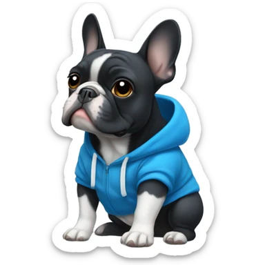 Black French bulldog with a white breast in a blue hoodie  sticker