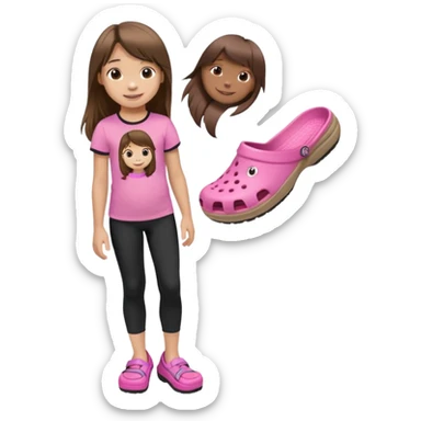 little girl, light tan skin, long brown hair, side bangs, black leggings, pink t-shirt, smiling, cute crocs sticker