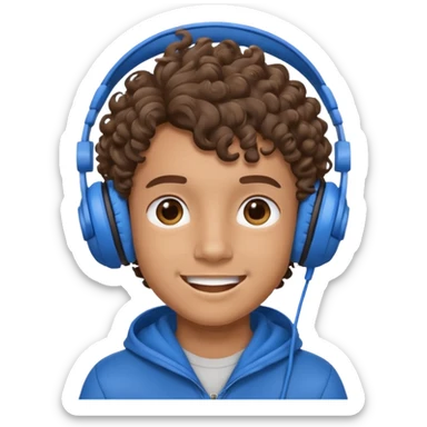 A boy with curly hair and tan skin and a happy face with blue headphones  sticker