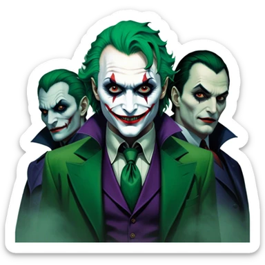 Thriller Movie Icon: A dark, intense collage with close-up images of iconic thriller characters like 1 Joker, 1 Hannibal Lecter, and 1 Vlad Dracula. The background features a moody Gotham City skyline, with shadowy figures and fog. Atmospheric, suspenseful tone. Transparent background. sticker