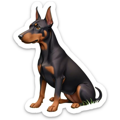 Close-up of a Doberman Pinscher sitting on lush green grass, looking alert and majestic. The background features a beautiful, serene nature view with rolling hills and bright blue skies. The dog’s sleek black and tan coat shines under the sun. Transparent background. sticker