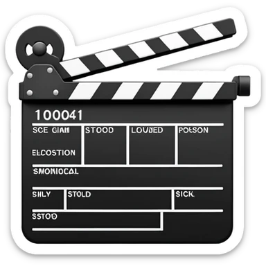 Extremely minimalist movie clapperboard with angled top bar, black and white, iOS emoji style with just the essential elements sticker