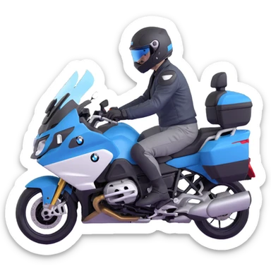 BMW RT1200 touring motorcycle with rider wearing helmet sticker