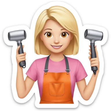 smiling blonde woman hairstylist wearing pink t-shirt and orange apron, hands raised, holding scissors and hairdryer sticker