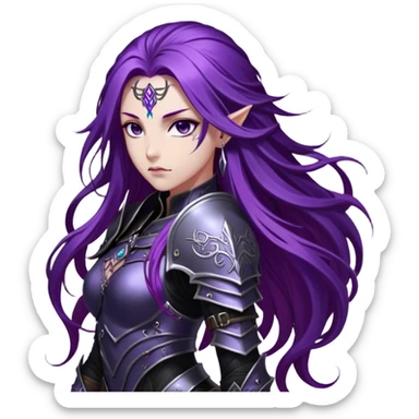 A mysterious warrior girl with long, flowing purple hair cascading down her back, strands catching the dim light like silk. Her piercing violet eyes glow. She wears sleek black armor, a perfect fusion of elegance and lethality, adorned with intricate silver engravings resembling ancient runes.  sticker
