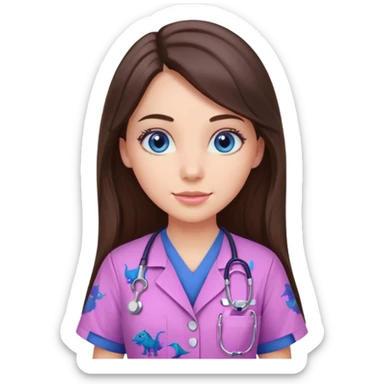 pretty brunette nurse with long hair and blue eyes in pink and purple dinosaur pattern scrubs sticker