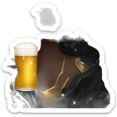 Ethereal galactic Girl wearing black and gold sat on a nebula galaxy drinking beer surrounded by golden stars and planets sticker