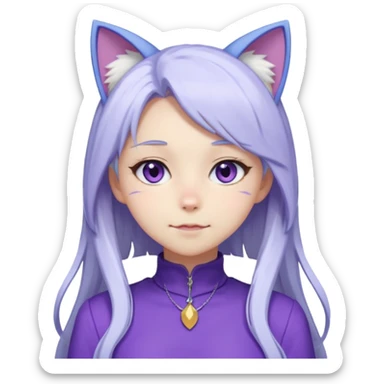 female anime character with long white hair and periwinkle highlights and cat ears on her head. She is wearing a purple outfit with a high neckline and long sleeves.  sticker