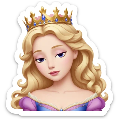 Cinematic Realistic Sleeping Beauty (Aurora) Portrait, with porcelain-like skin featuring a natural rosy flush, illuminated by soft lighting that highlights the gentle contours of her face. Her golden blonde hair flows in soft, detailed waves with subtle highlights that shimmer in the light. Her deep violet-blue eyes radiate warmth and innocence, framed by arched brows and long lashes. Her serene expression exudes quiet elegance. She is dressed in her classic pink gown, the fabric rich in texture with delicate folds that catch the light. A golden crown rests atop her head, gleaming with royal refinement. The portrait captures a soft, glowing aura, blending realism with an ethereal sense of beauty and timeless enchantment. sticker