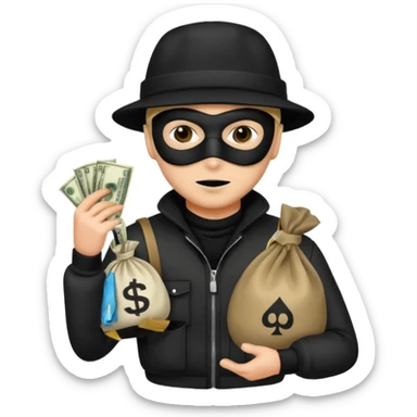 A emoji of a person wearing a robber outfit and a black hat and a black mask and a Money Bag sticker