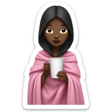 white girl with black hair wrapped in a pink blanket sipping coffee sticker