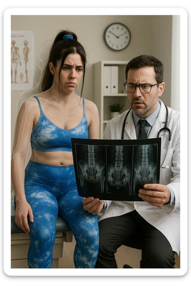 a person sits in a doctor’s office, holding medical imaging results (like X-rays or MRI scans) that appear normal. However, a subtle shadow or ghosted outline around their body reveals postural asymmetries—such as uneven shoulders or hips—that are not visible in the scans. The doctor looks puzzled, while the patient appears frustrated. sticker