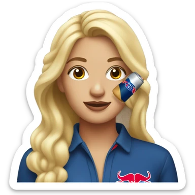 a blonde woman with heart eyes holding a redbull  sticker