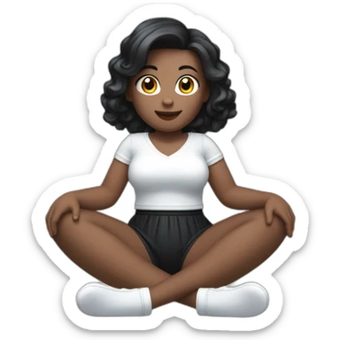 Front view full body curvy caucasian beauty sitting straight hands up black skirt white knickers white socks sticker