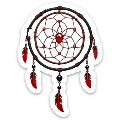 Blood-red, bloody, obsidian-black, edgy, dream catcher, red gemstones, black wires, black threads, tiny skulls, white feathers sticker