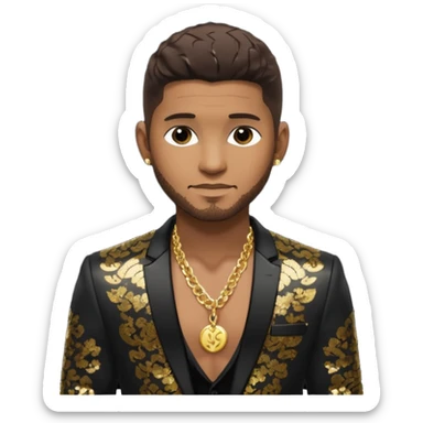 Usher with dark brown hair, black sequin suit jacket, shirtless with necklace sticker