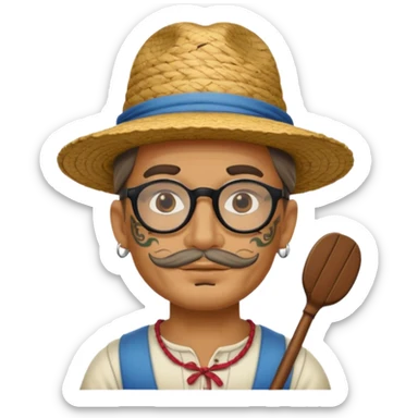 very tattoed face, normal glassess, fat venice gondolier with iconic hat and thick hair sticker