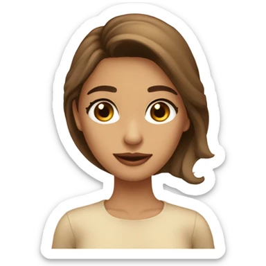 Chica morena con ojos marrones claros cabello color caramelo lacio con fleco y blusa beige sticker