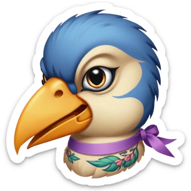 bird with piercings on beak and excessive face tattoos and ribbon two eyes sticker