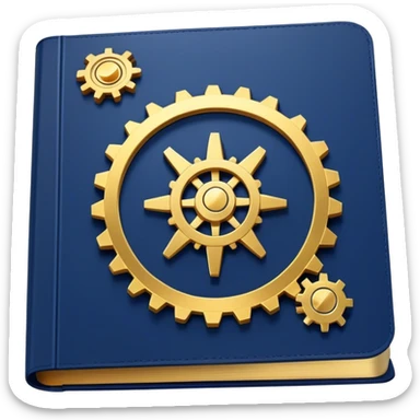 A navy blue book with gold details, metallic edges, and a golden gear with a chart with upward trend on the cover, radiating productivity, strategy, and success in motion- sticker