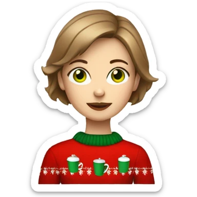 Light brown short haired girl with green eyes drinking coffee wearing red Christmas sweater sticker