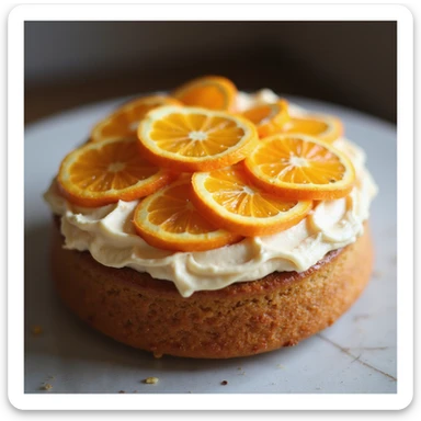 realistic round cake with orange frosting and candied orange slices, photorealistic style sticker
