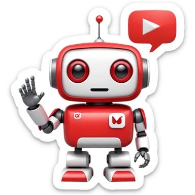 A cute 3D robot mascot icon with YouTube-style play button eyes and a speech bubble, red and white color scheme, friendly and approachable design, perfect for AI chat interface sticker