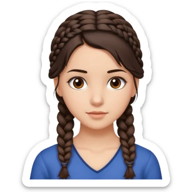 Draw me a brunette girl, with medium-length hair, dark brown eyes, and a side braid sticker