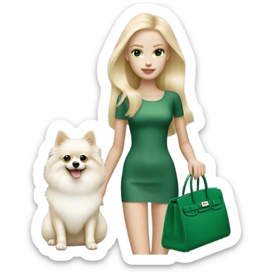 Blonde skinny girl with green eyes and pale skin with white pomeranian and Hermes birkin bag sticker