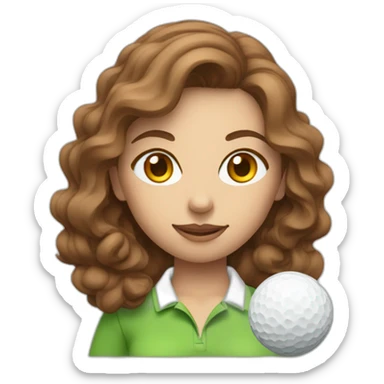 female with brown wavy hair dressed in golfwear holding golf ball sticker