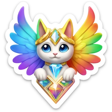 Transcendent Heavenly Rainbow 4d Diamond ultra mega surpream Omni-Cat God with wings and a ring around its body and another ring above it’s head full body sticker