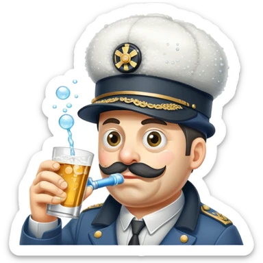 A very drunk locomotive train wearing a tilted ushanka hat, with crossed eyes, hiccuping vodka bubbles, spilling drink sticker