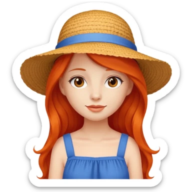 girl_wearing_summer_hat, red orrange long hair, blue dress sticker