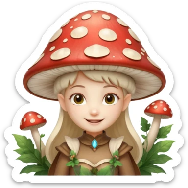 mushroom fairy portrait, head and shoulders only, wearing a large mushroom cap hat, tiny glowing wings visible behind shoulders, cute magical smile, forest fantasy vibe, 3D cartoon, mobile game icon style, clean background, no text, no watermark

 sticker