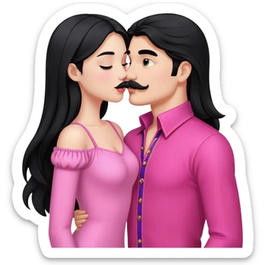 White boy with black mustache kissing white girl with long black hair in pink clothes sticker