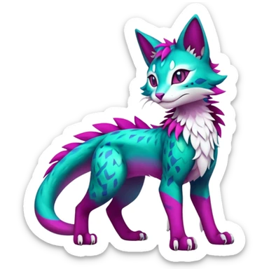 Kawaii cute colorful iridescent dark-turquoise-green and magenta and white beautiful pretty elegant divine edgy feline-vernid-sergal-Fakémon-Pokémon-fursona-animal-creature with accessories, full body, with intricate detailed markings sticker