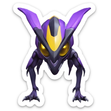 a shiny black-purple-yellow Genesect-Raptor-Fakémon—hybrid with a futuristic visor-helmet full bod sticker