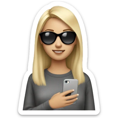 A girl with blonde hair, wearing round black sunglasses and a gray sweatshirt holds an iPhone in her hands sticker