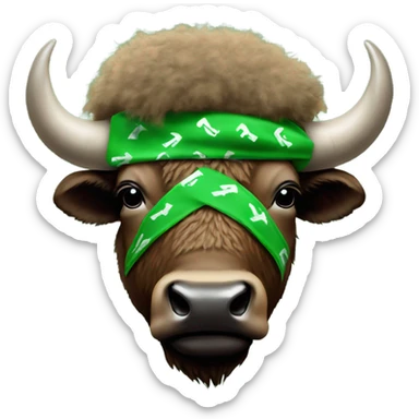 Bison wearing a green bandana with an M on it sticker