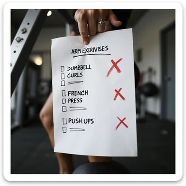 hyperrealistic paper sheet with a list of arm exercises including dumbbell curls, french press, push-ups, some entries crossed out with red X marks, 4K resolution, realistic details, natural shadows, gym environment sticker