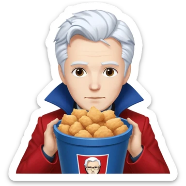 Dante and Vergil from Devil May Cry sitting together in a KFC family bucket, Dante in red coat, Vergil in blue coat, both with white hair sticker
