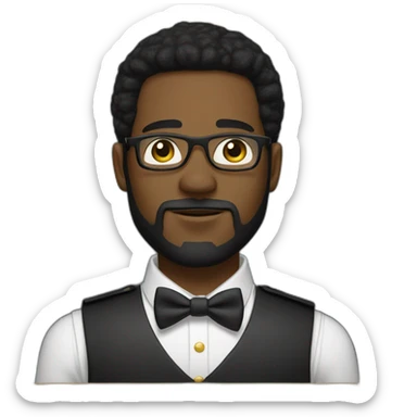 black soldier with beard, part in black hair, white collared shirt, bow tie, gold frame glasses, bulletproof vest  sticker