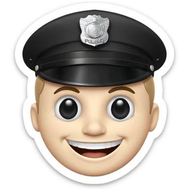 Black-and-white line drawing of a cartoon face with a round head, large round eyes, and a wide toothy grin showing a big happy smile. He is a police officer stopping you. Plain white background, simple and playful style. sticker